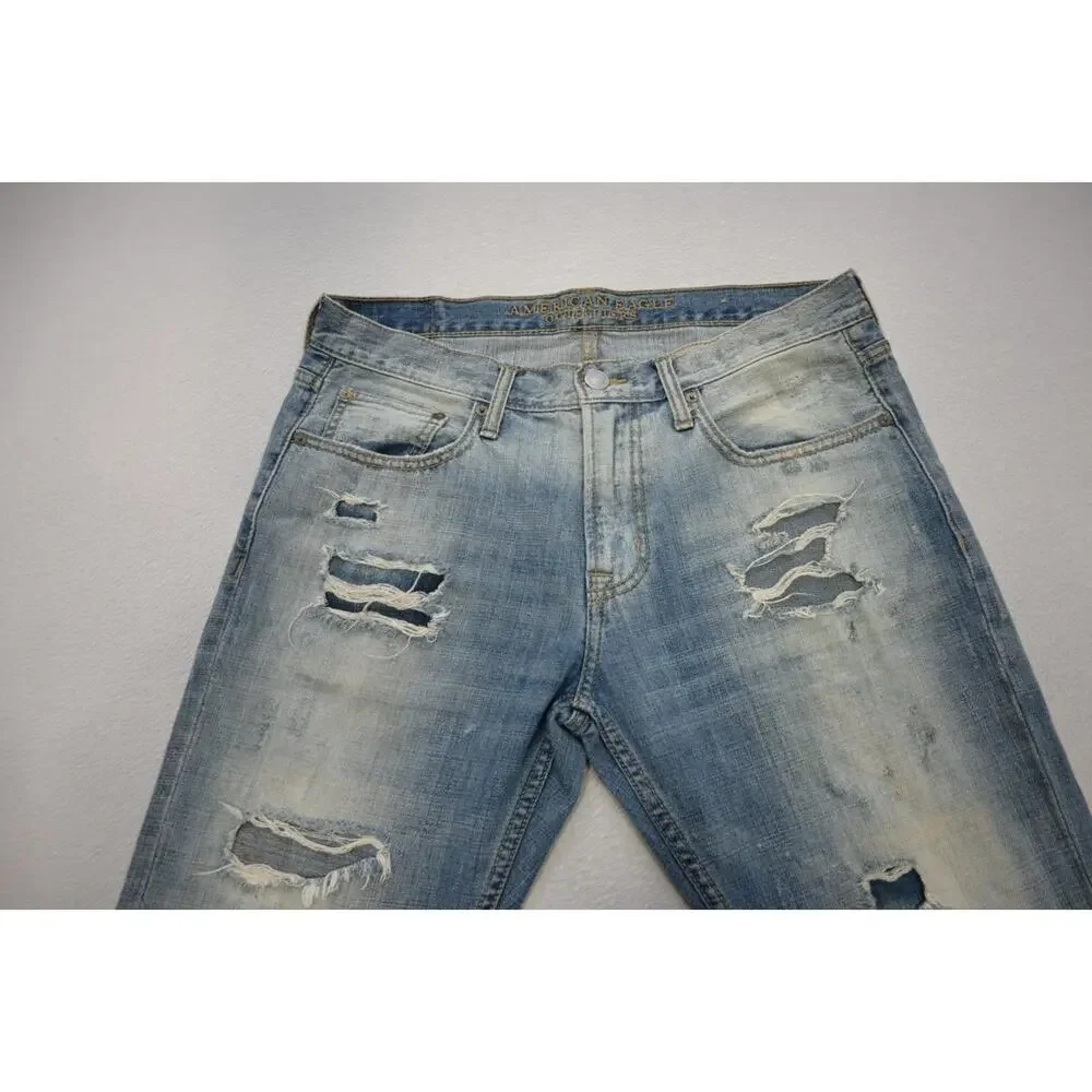 American Eagle Slim Straight Destroyed Rugged Light Blue‎ Jeans Mens Sz 32 x 34